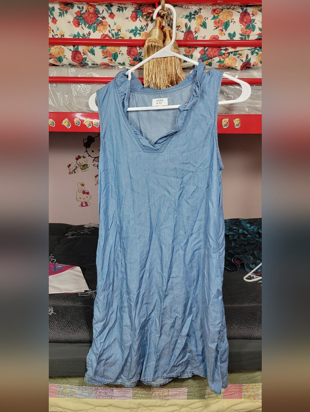 crown & ivy Light Blue Sleeveless Midi Dress with V-Neck Ruffle Trim